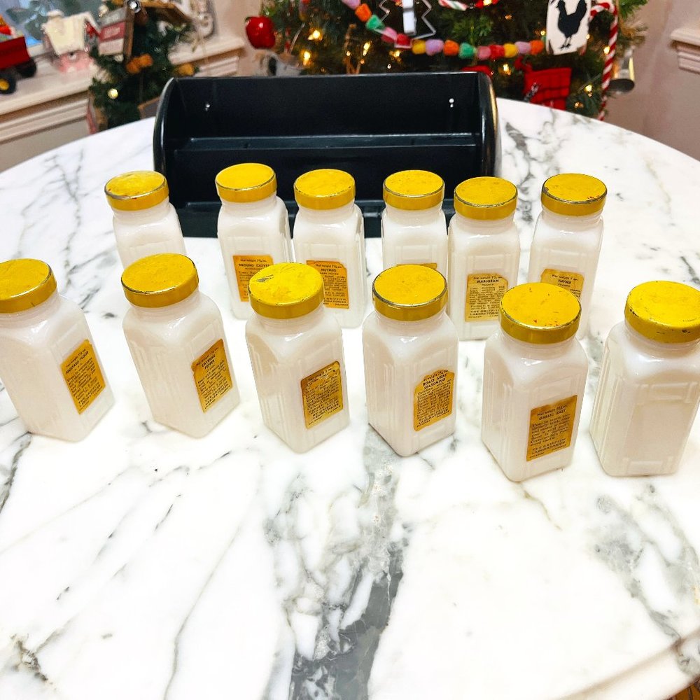 Retro milk glass Griffiths spice jar set of 12 - Picture 3 of 14